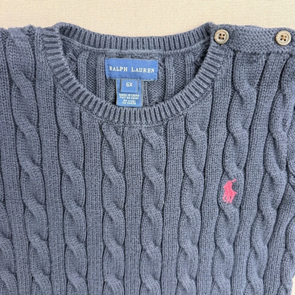 Ralph Lauren Girls Navy Blue Cable Knit Ruffle Hem Sweater Dress Size 6X pony